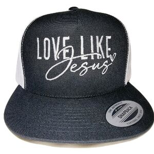 Love Like Jesus Mesh Snapback Embroidered Flat Bill Trucker Hat Cap Black/White